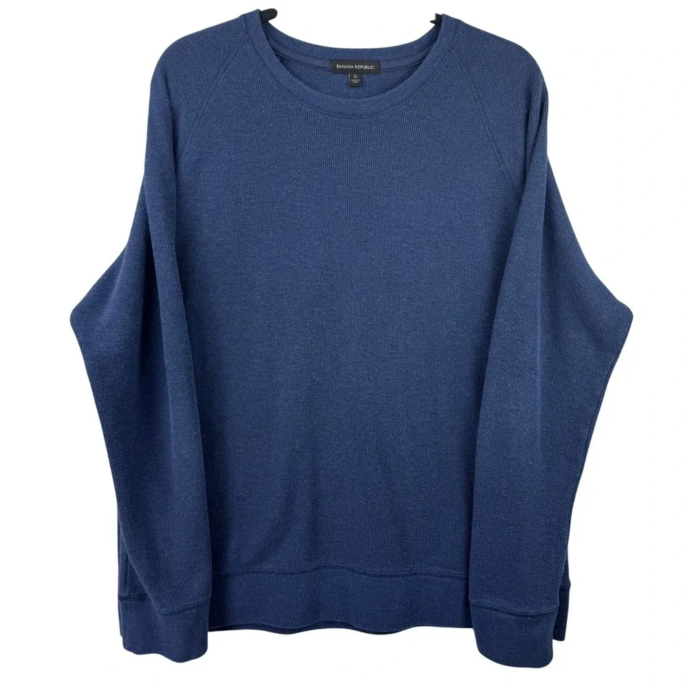 Banana Republic Sweater Men XL Navy Blue Waffle Knit Crewneck Raglan Comfortable